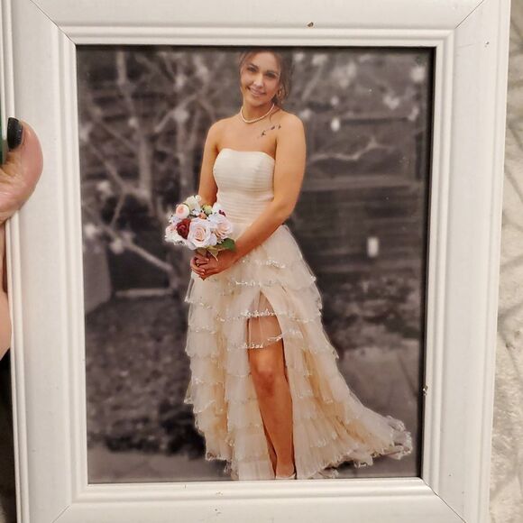 Elegant Strapless Cream A LINE Gown with RUFFLE Sequin Details - Picture 2 of 8